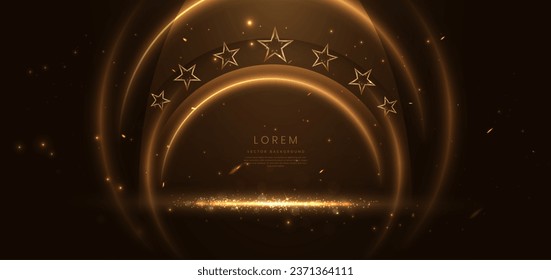 Resumen del círculo dorado y efecto de iluminación estelar punto neón luz dorada brillan sobre fondo marrón oscuro. Ilustración del vector