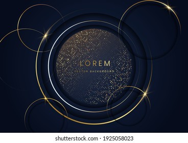 Abstract gold circles lines overlapping on blue background. You can use for ad, poster, template, business presentation. Vector illustration