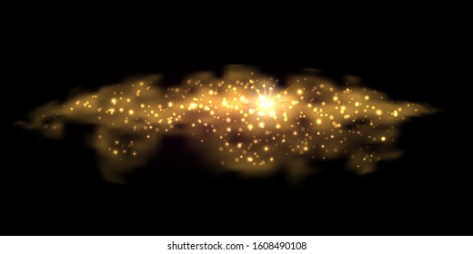 Abstract gold cloud with glowing and glitter effect. Golden smoke with light shiny particles, star dust and flash on black  background. Vector illustration