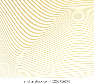 Abstract gold color warped Diagonal Striped Background. Vector curved twisted slanting, waved lines texture. Brand new style for your business design.