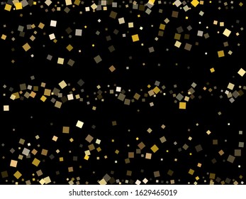 Abstract gold confetti sequins tinsels scatter on black. Luxurious holiday vector sequins background. Gold foil confetti party glitter graphic design. Rhombus particles invitation backdrop.