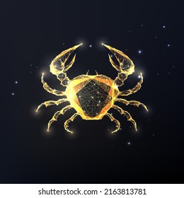 Abstract gold crab in glowing low polygonal style on black background. Cancer zodiac sign. Seafood. 