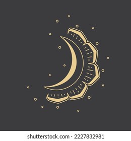 Abstract gold crescent moon with stars vector logo. Half-moon with moonlight drawing in thin line style isolated on dark background.