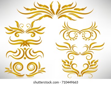 Abstract  gold curly design element set isolated on white background. Dividers. Swirls. Vector illustration.