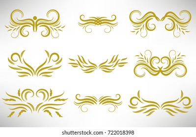 Abstract gold curly design element set isolated on white background. Dividers. Swirls. Vector illustration.