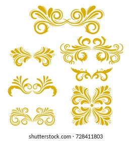 Abstract gold curly design element set isolated on white background. Dividers. Swirls. Vector illustration.