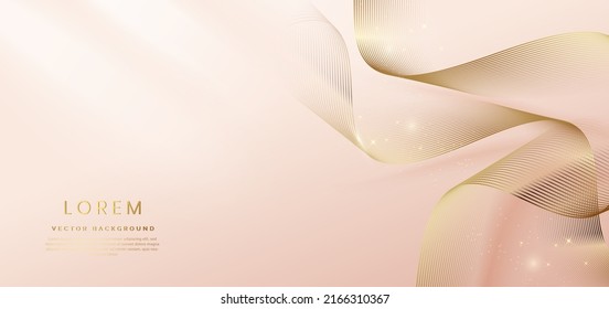 Abstract gold curved lines elegant on pastel soft pink background with copy space for text. Luxury 3d concept. Vector illustration