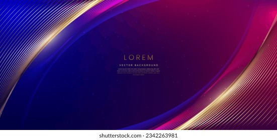 Abstract gold curved lines on dark blue and pink background with lighting effect and copy space for text. Luxury award design style. Vector illustration