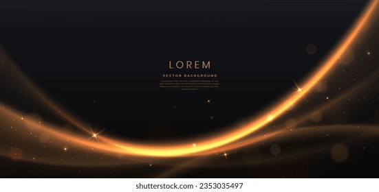 Abstrakte, goldgebogene Linien auf schwarzem Hintergrund mit Lichteffekt Bokeh und Kopienraum für Text. Luxuriöser Designstil. Vektorgrafik