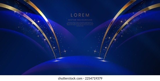 Abstract gold curved on dark blue background with lighting effect and sparkle with copy space for text. Luxury template award design style. Vector illustration