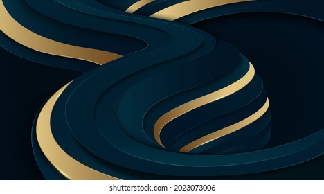 Abstract gold dark blue gradient color wave background with shadow decoration. Luxury and elegant halftone gradient wave curve pattern design. Modern simple texture elements