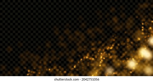 Abstract gold defocused glitter lights texture. Golden particle dust, yellow glow bokeh effect isolated on dark transparent background.