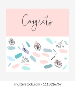 Abstract gold design with pastel brush strokes , floral and animal doodles in gentle childish style. Creative unusual background for greeting card, baby shower, invitations, birthday, anniversary