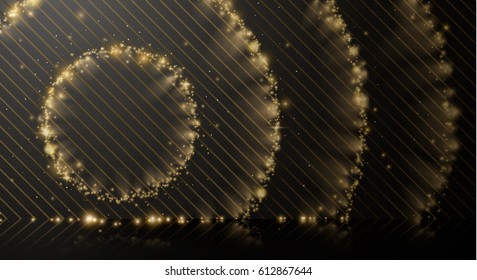 Abstract gold digital background, bokeh, blur, sparkle and glitter effect. Gold dust on Black smooth surface, strips. Vector illustration.