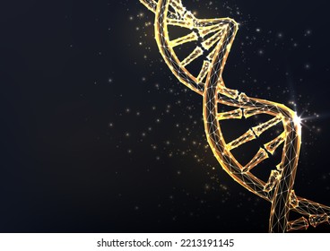 Abstract gold DNA helix structure on black background. Concept of genes, genealogy, genetics. Futuristic glowing low polygonal style, Modern wireframe design vector illustration. 