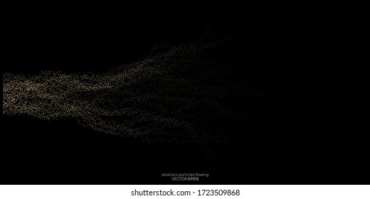 Abstract gold dots particles flowing wavy isolated on black background. Vector illustration design elements in concept of luxury, technology, energy, science, music.
