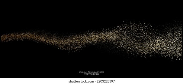 Abstract gold dots particles flowing wavy isolated on black background. Vector illustration design elements in concept of luxury, technology, energy, science, music.
