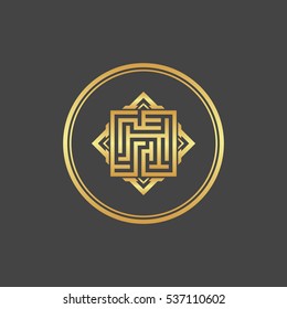 Abstract gold element. Maze emblem. Labyrinth.