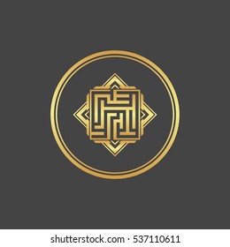 Abstract gold element. Maze emblem. Labyrinth.