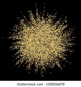 Abstract gold explosion on dark background. Golden glitter powder banner on black background. Colored cloud. Gold dust explode. Vector illustration.