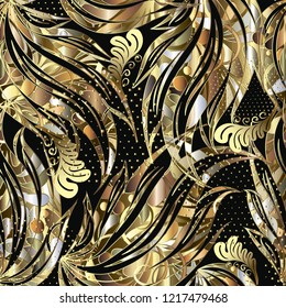 Abstract gold floral 3d vector seamless pattern. Paisley flowers. Baroque style leaves. Geometric shapes and elements. Halftone dots, circles. Elegance hand drawn vintage ornament. Ornate background.