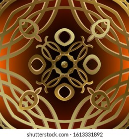 Abstract gold floral 3d vector seamless pattern. Glowing colorful tribal background. Repeat shiny ethnic style backdrop. Line art intricate surface geometric ornament. Golden swirls, flowers, shapes.