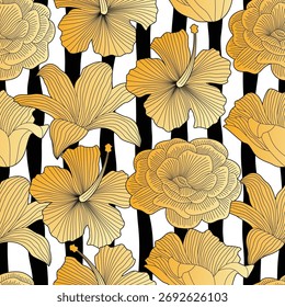 Abstract Gold Floral seamless pattern with leaves. on abstract black vertical line background	
