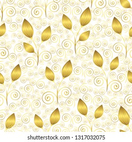 Abstract gold flowers seamless pattern, luxury ornament, minimalistic illustration, vector background. Golden closed buds, stalks and spiral curls lace on white backdrop. For fabric design, wallpaper