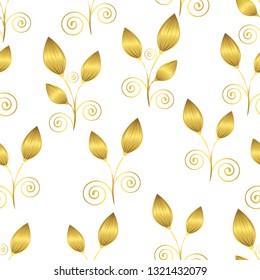 Abstract gold flowers seamless pattern, luxury ornament, minimalistic illustration, vector background. Golden closed buds, stalks and spiral curls lace on white backdrop. For fabric design, wallpaper