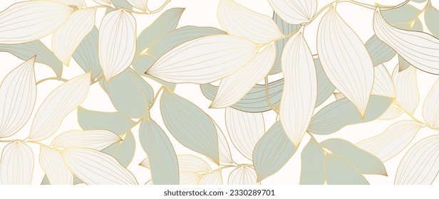 Abstract gold foliage line art vector background. Leaf wallpaper of tropical leaves, leaf branch, plants in hand drawn pattern. Botanical jungle illustrated for banner, prints, decoration, fabric.