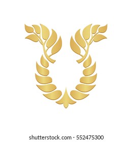 Abstract gold foliate element. Gold laurel wreath.