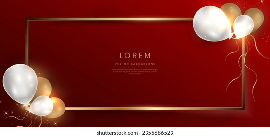 Abstract gold frame with ballon on red background with lighting effect and sparkle with copy space for text. Luxury frame design style. Vector illustration