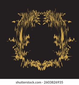 Abstract Gold Frame with Grunge Texture on Dark Background, Ornate Circular Design with Distressed Gold Pattern, Unique Decorative Element with Symmetrical Gold Strokes