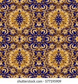 Abstract gold geometric modern design on a blue background. Art deco style. Gold circles seamless pattern. Vector shiny backdrop. Texture of gold foil.