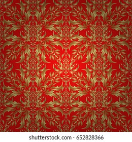 Abstract gold geometric modern design on a red background. Art deco style. Texture of gold foil. Gold circles seamless pattern. Vector shiny backdrop.