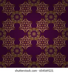 Abstract gold geometric modern design on a purple background. Texture of gold foil. Gold circles seamless pattern. Art deco style. Vector shiny backdrop.