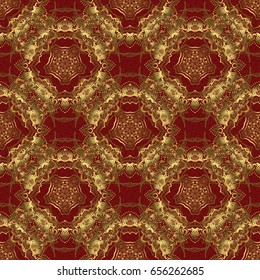 Abstract gold geometric modern design on a red background. Gold circles seamless pattern. Art deco style. Texture of gold foil. Vector shiny backdrop.