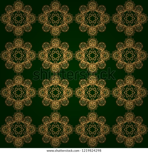 Abstract gold geometric modern design on a green\
background. Texture of gold foil. Art deco style. Vector shiny\
backdrop. Gold circles seamless\
pattern.
