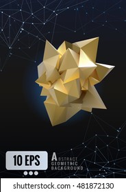 Abstract  gold geometric in paper shape glowing on dark polygonal background