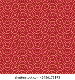 Abstract gold geometric pattern on a red background. Poster. Card. Print. Textile. Seamless abstract background. Vector illustration.