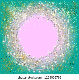 Abstract gold glitter background. Bright stars and lamps for holiday postcard.