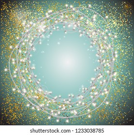Abstract gold glitter background. Bright stars and lamps for holiday postcard.
