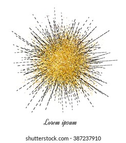 Abstract gold glitter background.  Bright sparkles for card. Black rays.
