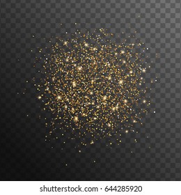 Abstract gold glittering overlay effect on transparent black background for holiday design. Vector Illustration. Golden scattered sparkles