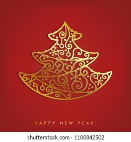 Abstract gold and glossy metallic tree. Merry Christmas greeting card design template with shadow on red background.