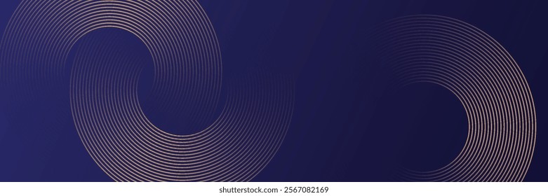 Abstract gold glowing geometric lines on dark blue background. Modern shiny gold circle lines pattern. Futuristic technology concept. Suit for cover, poster.