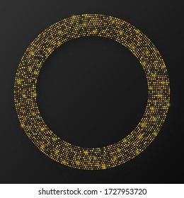 Abstract gold glowing halftone dotted background. Gold glitter pattern in circle form. Circle halftone dots. Vector illustration
