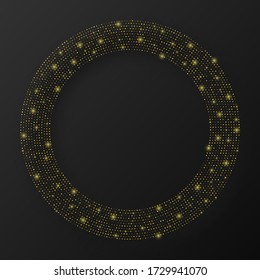 Abstract gold glowing halftone dotted background. Gold glitter pattern in circle form. Circle halftone dots. Vector illustration