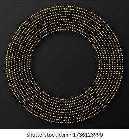 Abstract gold glowing halftone dotted background. Gold glitter pattern in circle form. Circle halftone dots. Vector illustration