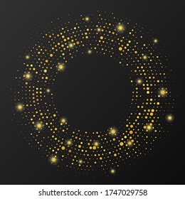 Abstract gold glowing halftone dotted background. Gold glitter pattern in circle form. Circle halftone dots. Vector illustration